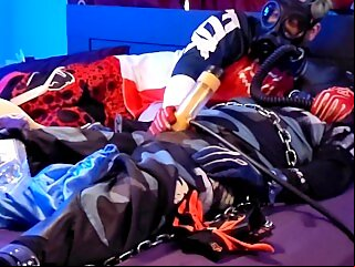 milking bondage Pup Buster gets a Milking with Breath Control in MX Gear and Chains control